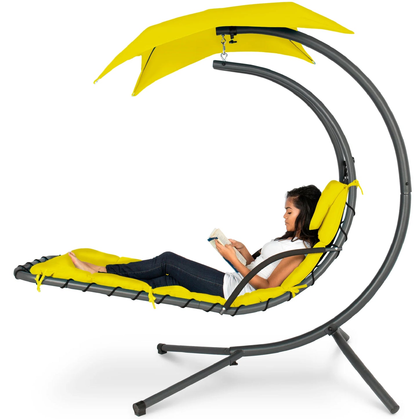 LoungeLoop™ Hanging LED-Lit Curved Chaise Lounge Chair with Pillow, Canopy & Stand