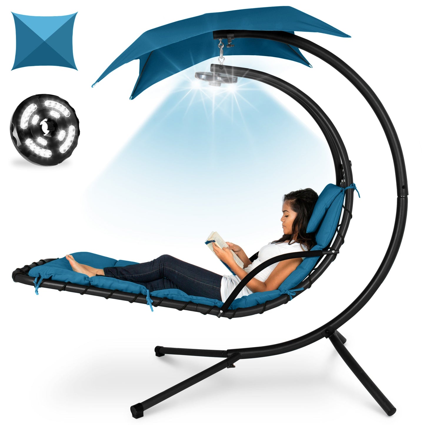 LoungeLoop™ Hanging LED-Lit Curved Chaise Lounge Chair with Pillow, Canopy & Stand