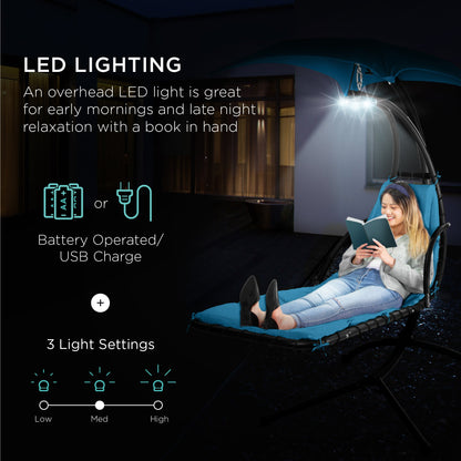 LoungeLoop™ Hanging LED-Lit Curved Chaise Lounge Chair with Pillow, Canopy & Stand