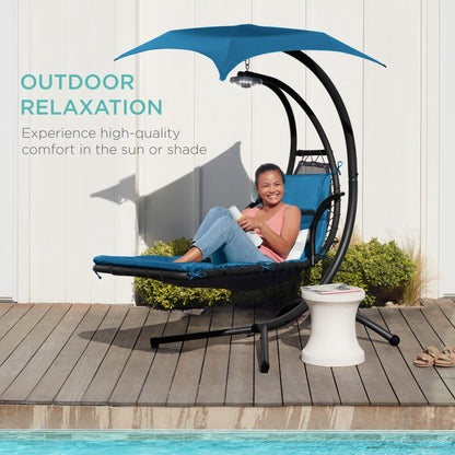 LoungeLoop™ Hanging LED-Lit Curved Chaise Lounge Chair with Pillow, Canopy & Stand