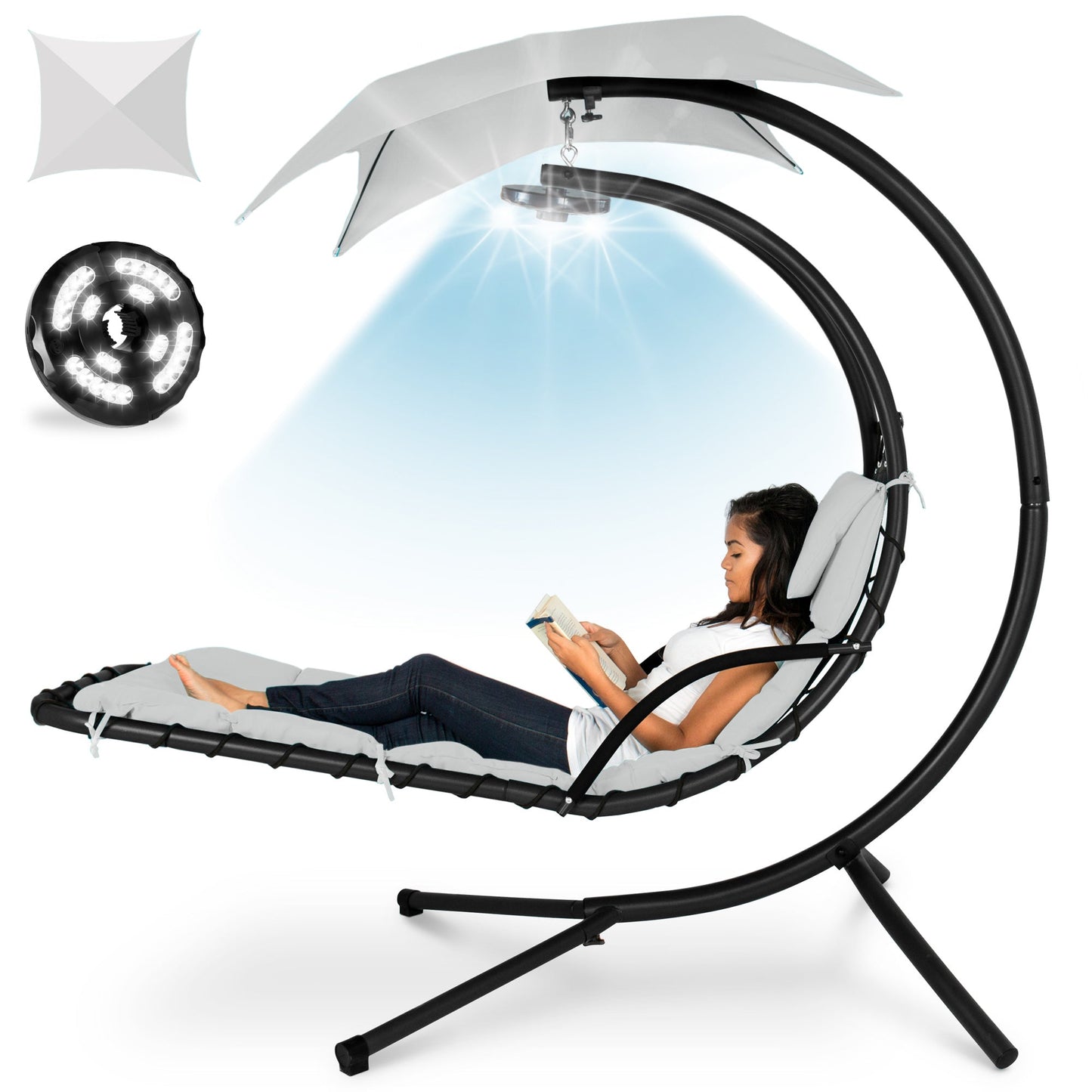 LoungeLoop™ Hanging LED-Lit Curved Chaise Lounge Chair with Pillow, Canopy & Stand