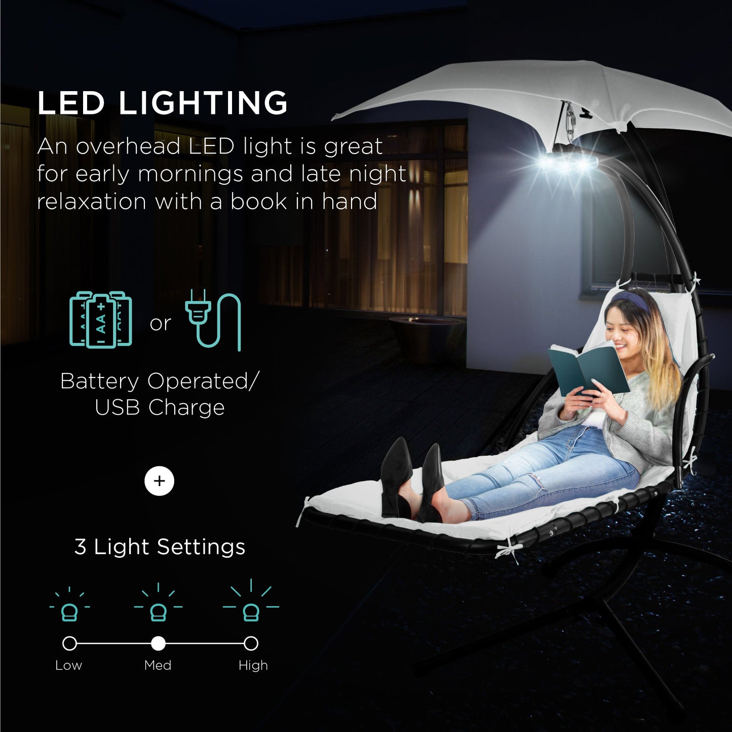LoungeLoop™ Hanging LED-Lit Curved Chaise Lounge Chair with Pillow, Canopy & Stand