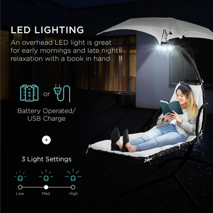 LoungeLoop™ Hanging LED-Lit Curved Chaise Lounge Chair with Pillow, Canopy & Stand