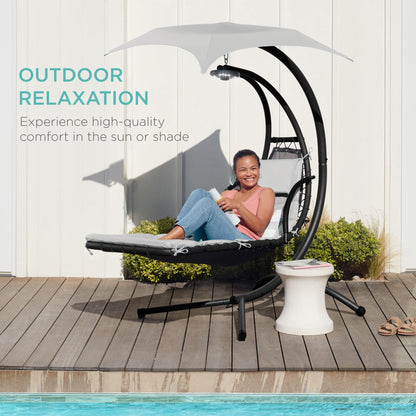 LoungeLoop™ Hanging LED-Lit Curved Chaise Lounge Chair with Pillow, Canopy & Stand