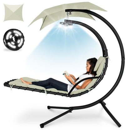 LoungeLoop™ Hanging LED-Lit Curved Chaise Lounge Chair with Pillow, Canopy & Stand