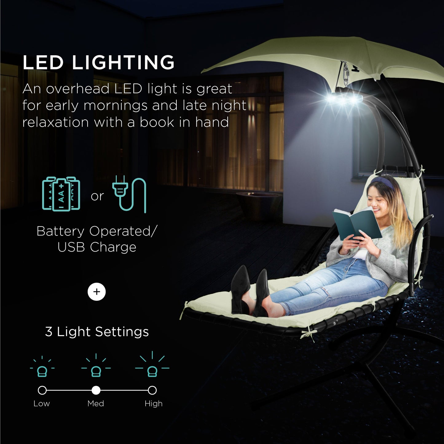 LoungeLoop™ Hanging LED-Lit Curved Chaise Lounge Chair with Pillow, Canopy & Stand