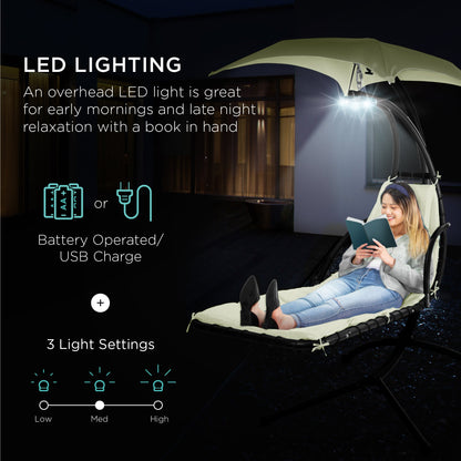 LoungeLoop™ Hanging LED-Lit Curved Chaise Lounge Chair with Pillow, Canopy & Stand