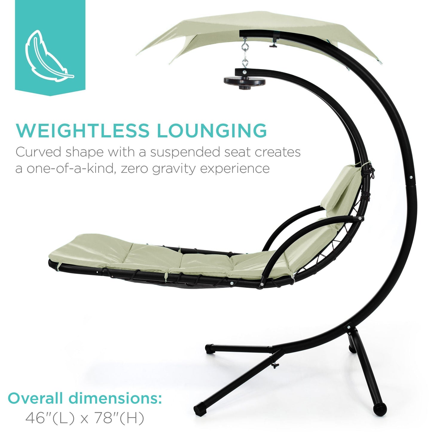 LoungeLoop™ Hanging LED-Lit Curved Chaise Lounge Chair with Pillow, Canopy & Stand
