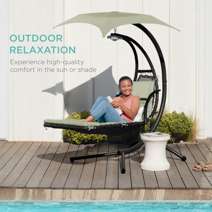 LoungeLoop™ Hanging LED-Lit Curved Chaise Lounge Chair with Pillow, Canopy & Stand
