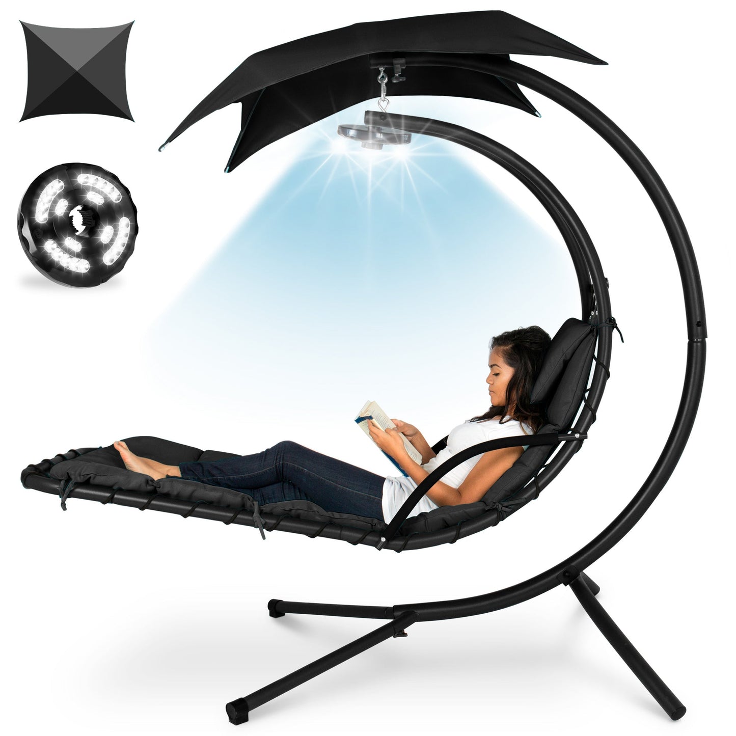 LoungeLoop™ Hanging LED-Lit Curved Chaise Lounge Chair with Pillow, Canopy & Stand