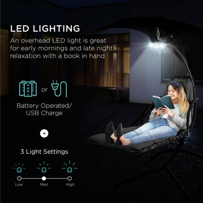 LoungeLoop™ Hanging LED-Lit Curved Chaise Lounge Chair with Pillow, Canopy & Stand