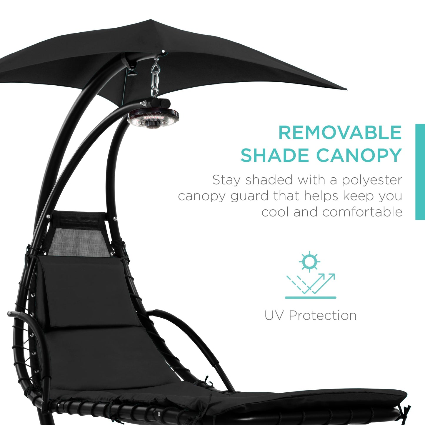 LoungeLoop™ Hanging LED-Lit Curved Chaise Lounge Chair with Pillow, Canopy & Stand