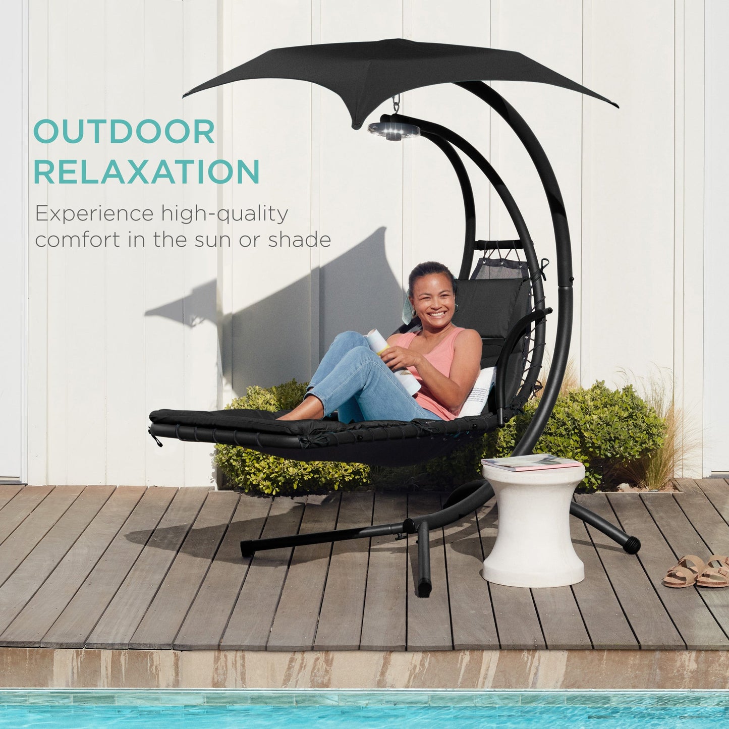 LoungeLoop™ Hanging LED-Lit Curved Chaise Lounge Chair with Pillow, Canopy & Stand