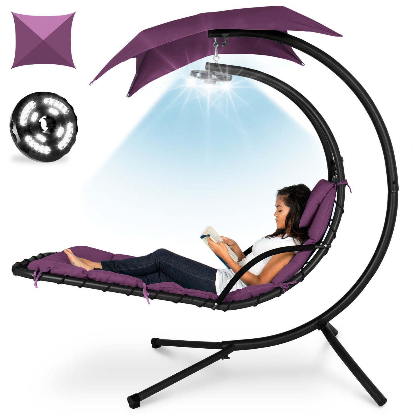 LoungeLoop™ Hanging LED-Lit Curved Chaise Lounge Chair with Pillow, Canopy & Stand
