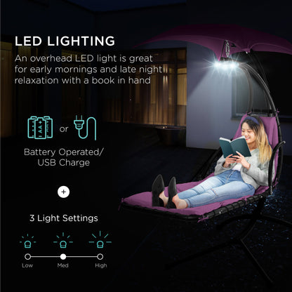 LoungeLoop™ Hanging LED-Lit Curved Chaise Lounge Chair with Pillow, Canopy & Stand