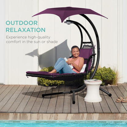 LoungeLoop™ Hanging LED-Lit Curved Chaise Lounge Chair with Pillow, Canopy & Stand