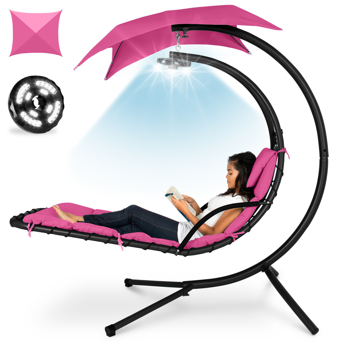 LoungeLoop™ Hanging LED-Lit Curved Chaise Lounge Chair with Pillow, Canopy & Stand