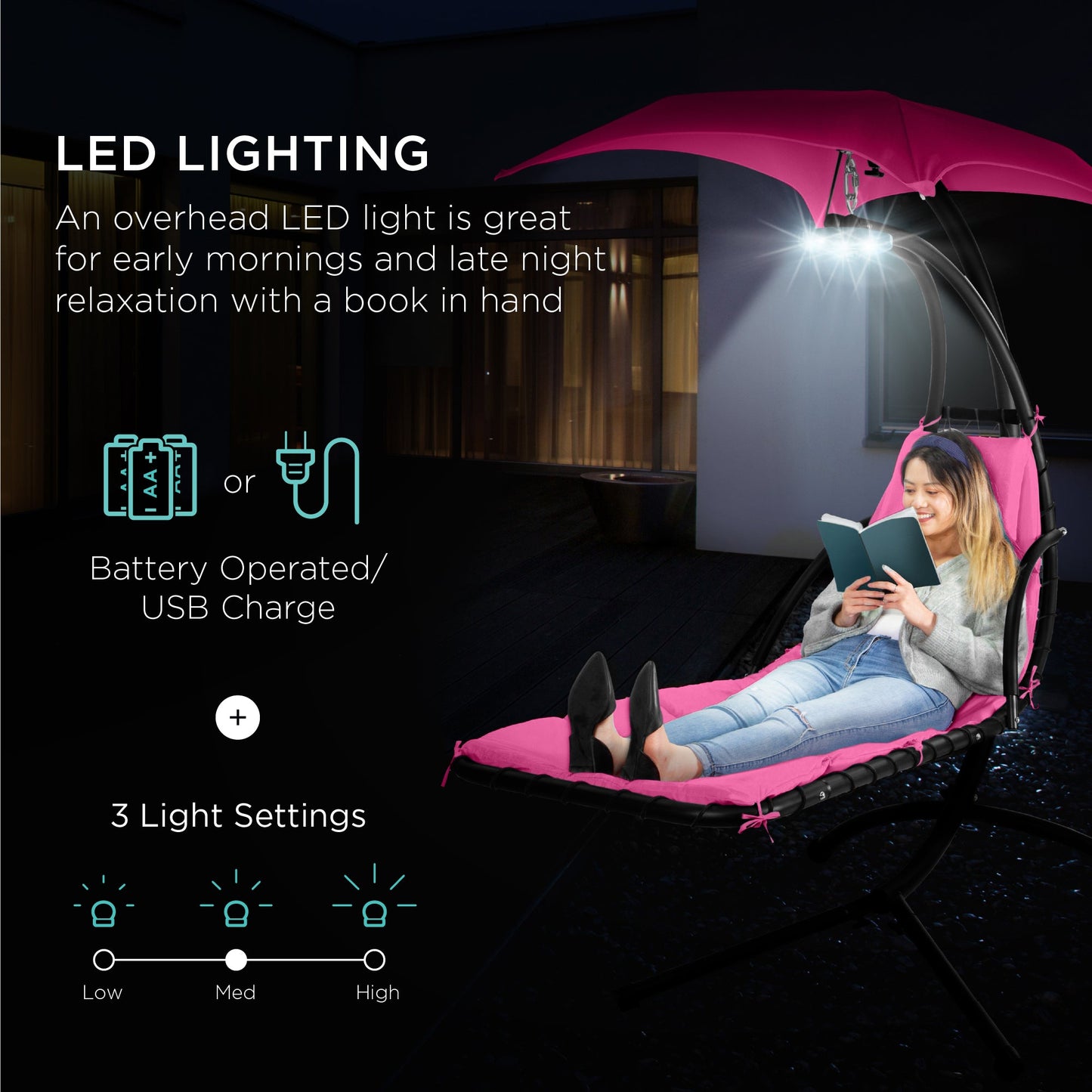 LoungeLoop™ Hanging LED-Lit Curved Chaise Lounge Chair with Pillow, Canopy & Stand
