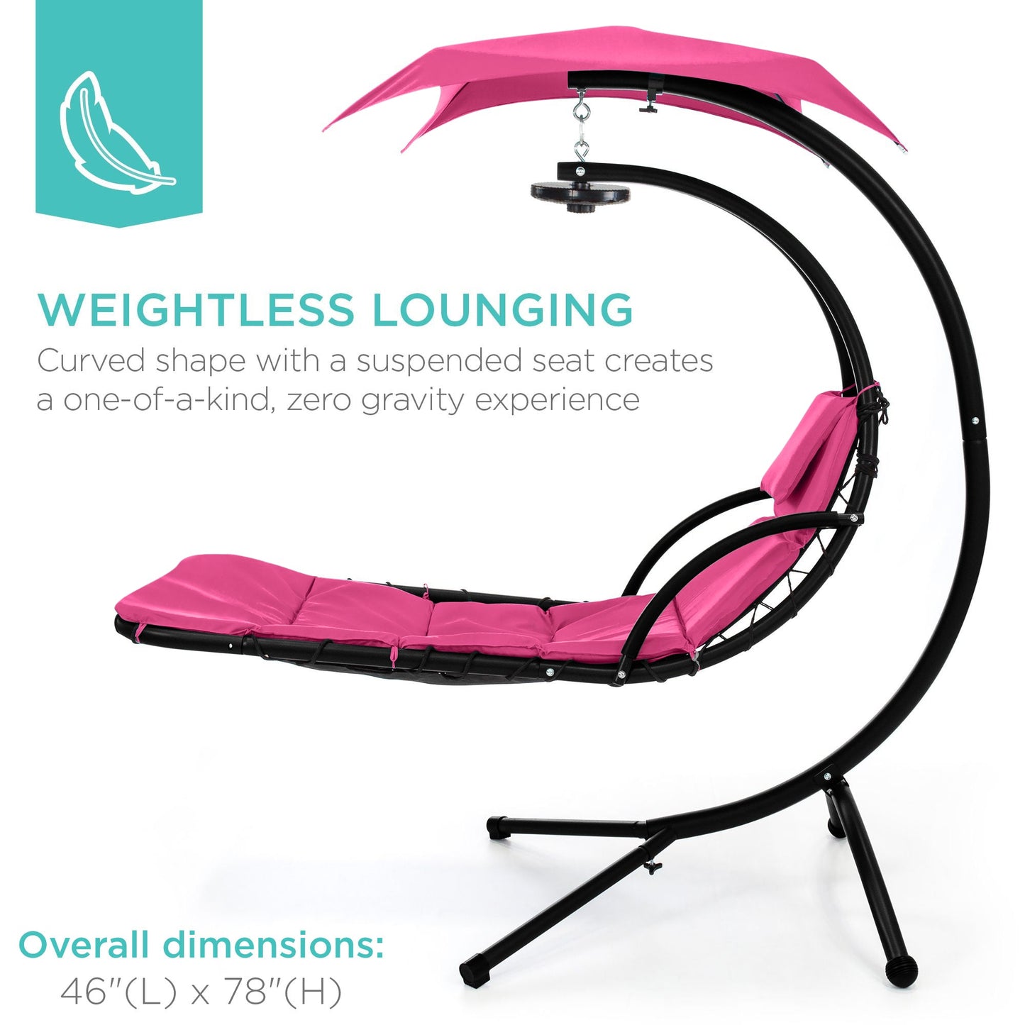 LoungeLoop™ Hanging LED-Lit Curved Chaise Lounge Chair with Pillow, Canopy & Stand