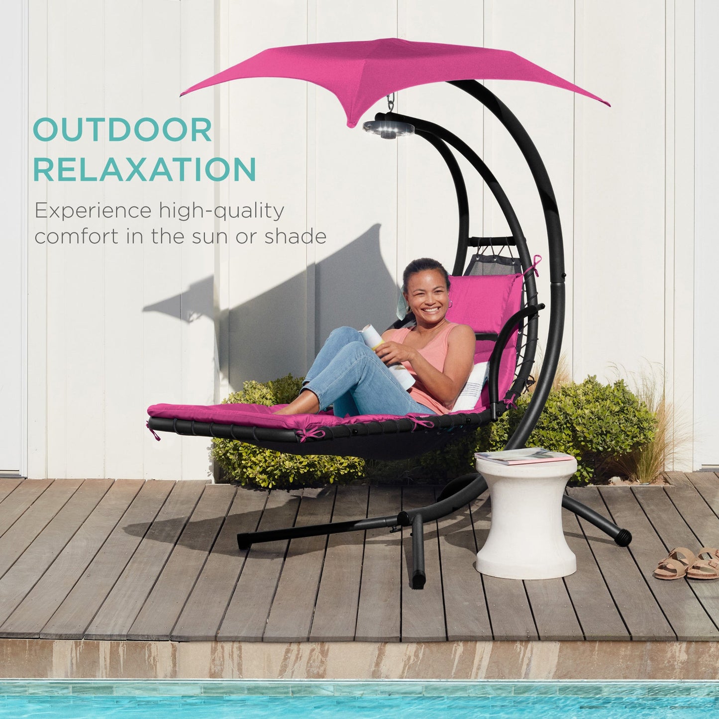 LoungeLoop™ Hanging LED-Lit Curved Chaise Lounge Chair with Pillow, Canopy & Stand