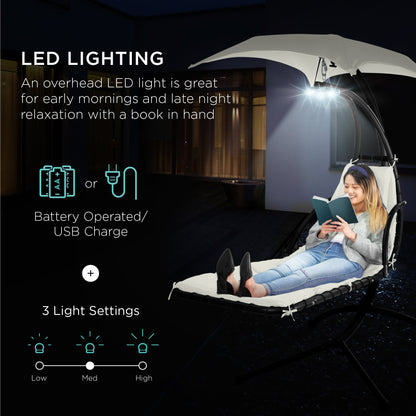 LoungeLoop™ Hanging LED-Lit Curved Chaise Lounge Chair with Pillow, Canopy & Stand