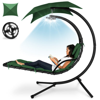LoungeLoop™ Hanging LED-Lit Curved Chaise Lounge Chair with Pillow, Canopy & Stand