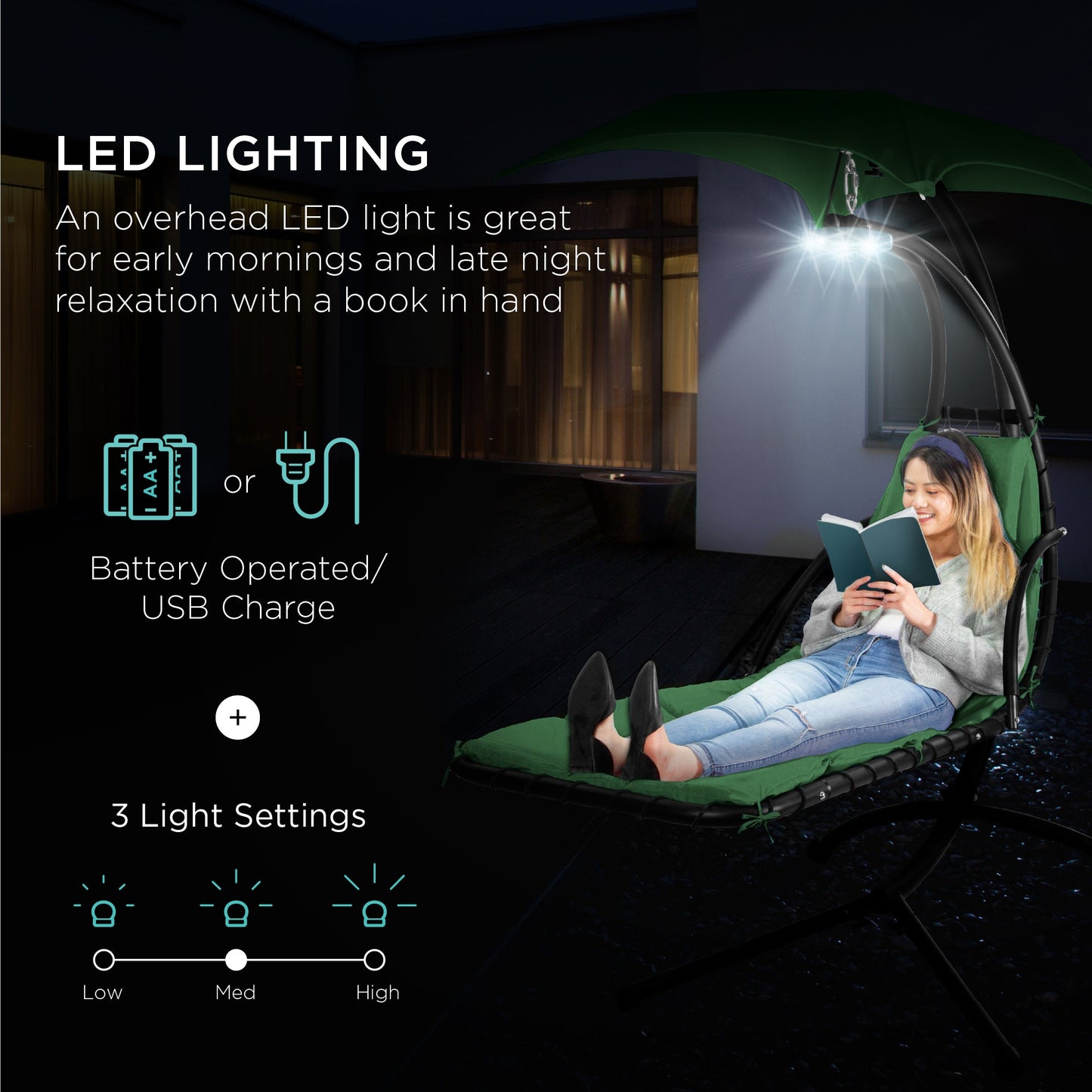 LoungeLoop™ Hanging LED-Lit Curved Chaise Lounge Chair with Pillow, Canopy & Stand