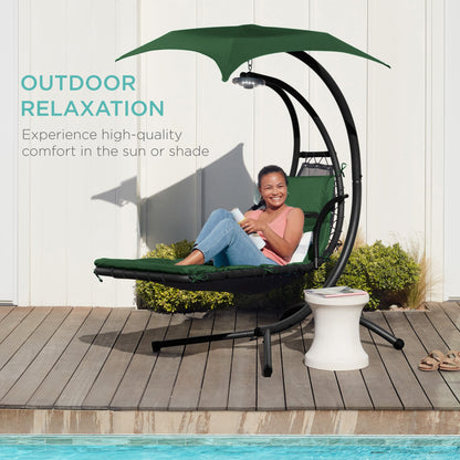 LoungeLoop™ Hanging LED-Lit Curved Chaise Lounge Chair with Pillow, Canopy & Stand