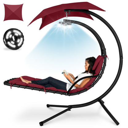 LoungeLoop™ Hanging LED-Lit Curved Chaise Lounge Chair with Pillow, Canopy & Stand