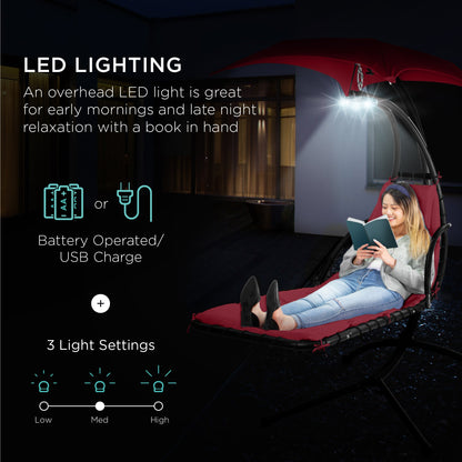 LoungeLoop™ Hanging LED-Lit Curved Chaise Lounge Chair with Pillow, Canopy & Stand