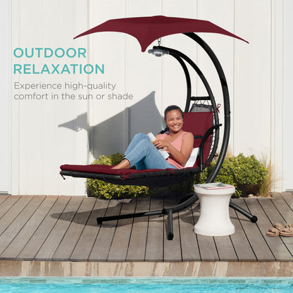 LoungeLoop™ Hanging LED-Lit Curved Chaise Lounge Chair with Pillow, Canopy & Stand