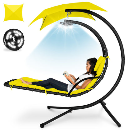 LoungeLoop™ Hanging LED-Lit Curved Chaise Lounge Chair with Pillow, Canopy & Stand