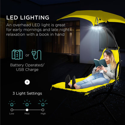 LoungeLoop™ Hanging LED-Lit Curved Chaise Lounge Chair with Pillow, Canopy & Stand