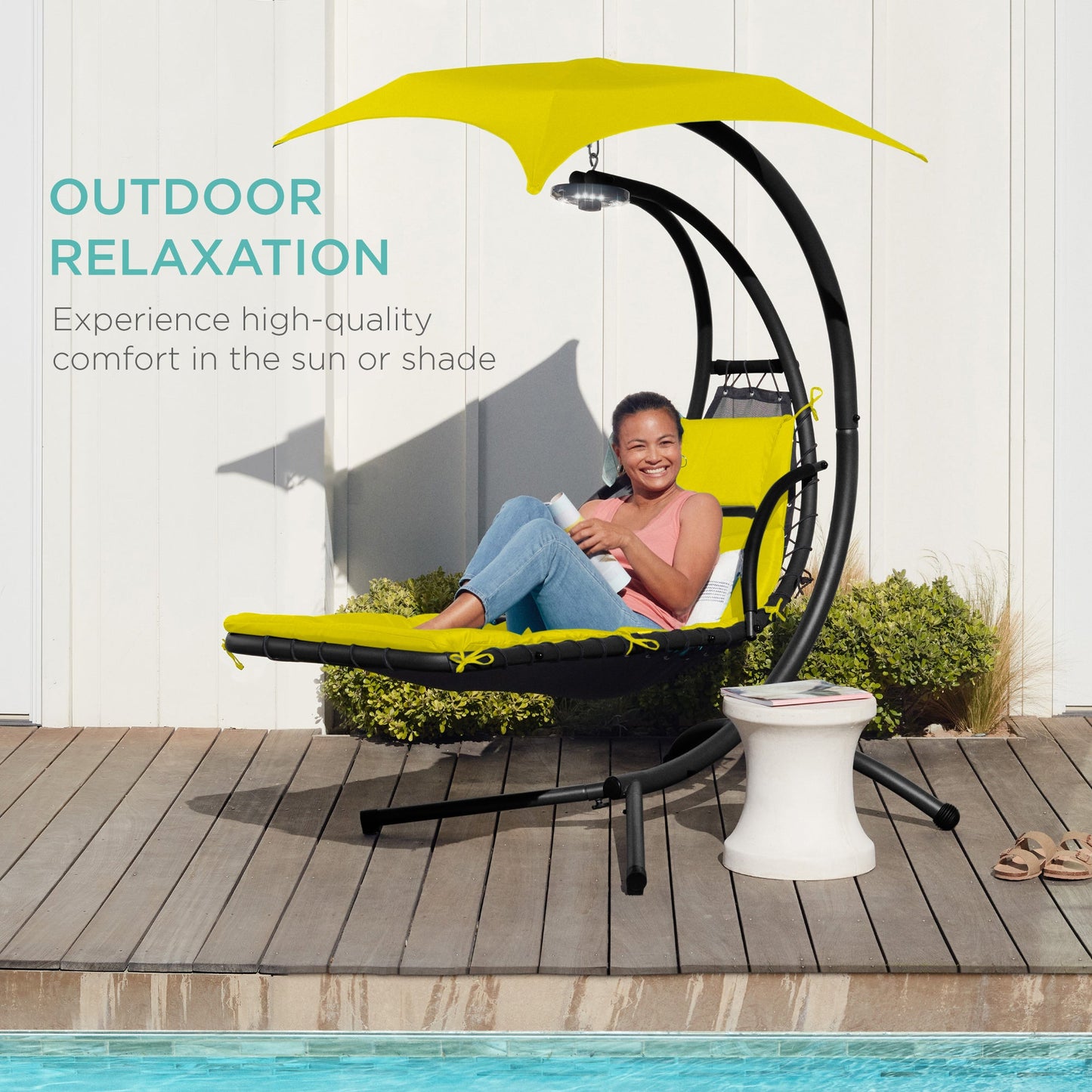 LoungeLoop™ Hanging LED-Lit Curved Chaise Lounge Chair with Pillow, Canopy & Stand