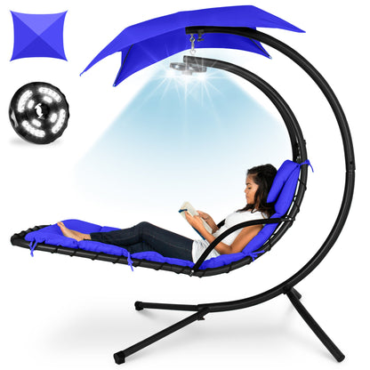 LoungeLoop™ Hanging LED-Lit Curved Chaise Lounge Chair with Pillow, Canopy & Stand