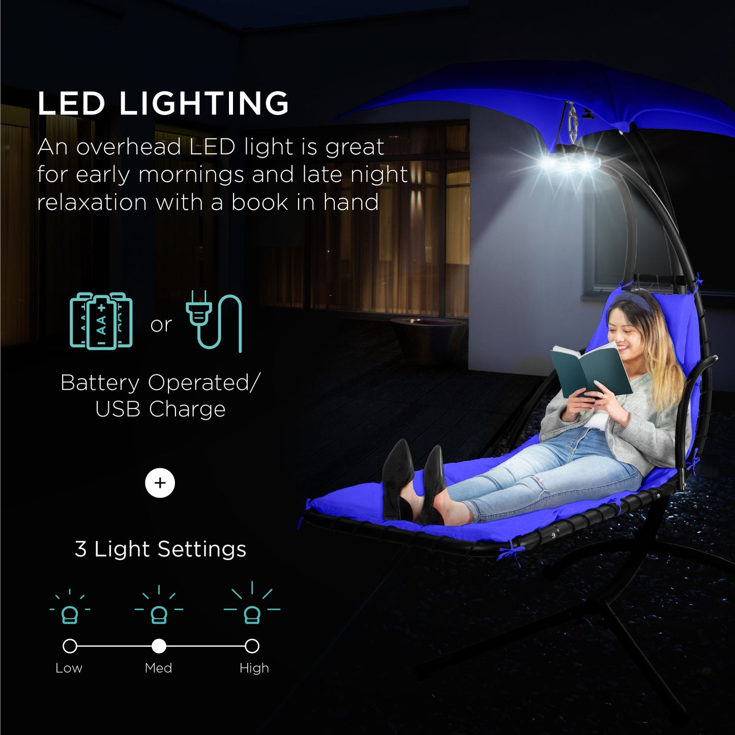 LoungeLoop™ Hanging LED-Lit Curved Chaise Lounge Chair with Pillow, Canopy & Stand