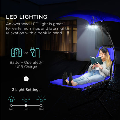 LoungeLoop™ Hanging LED-Lit Curved Chaise Lounge Chair with Pillow, Canopy & Stand