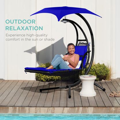 LoungeLoop™ Hanging LED-Lit Curved Chaise Lounge Chair with Pillow, Canopy & Stand