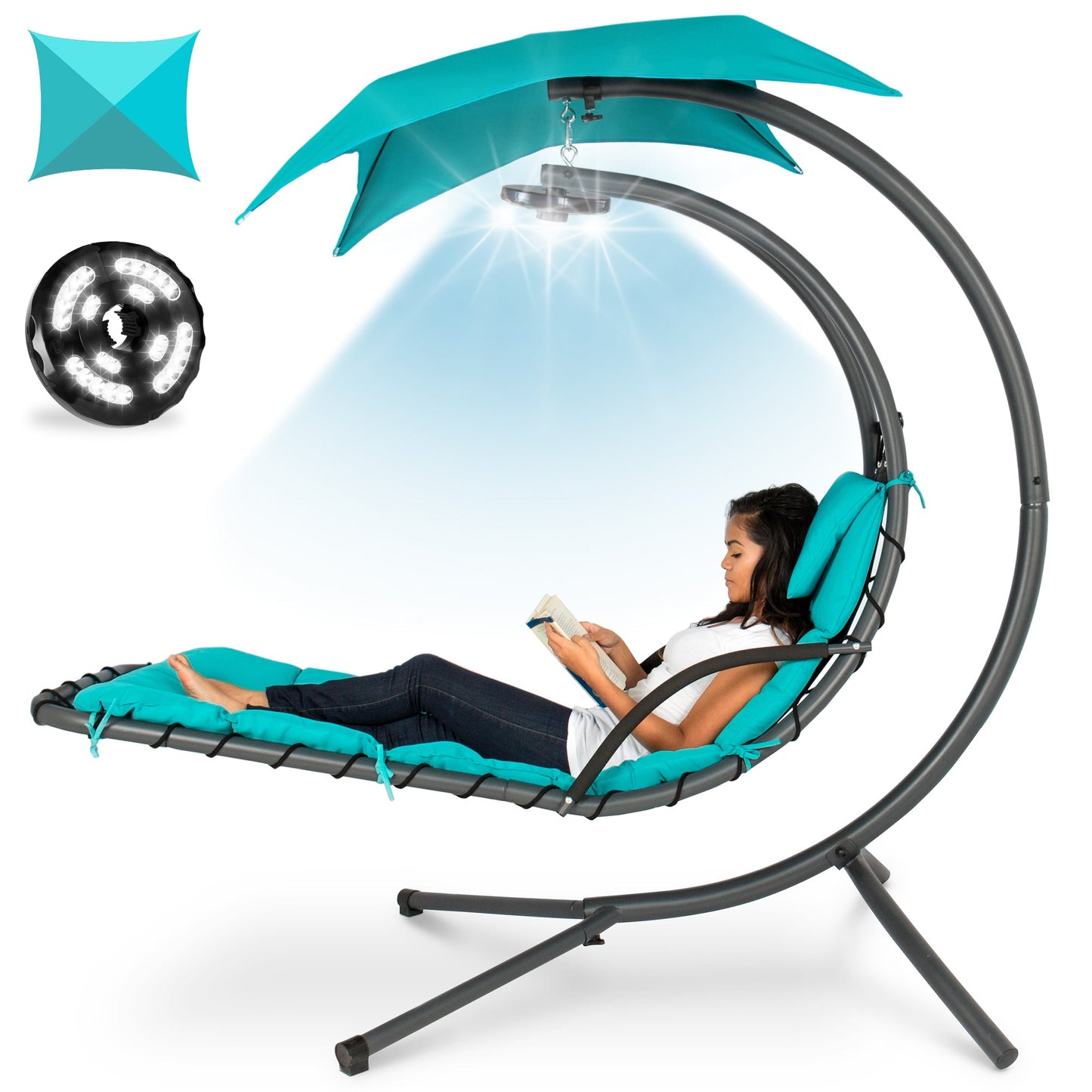 LoungeLoop™ Hanging LED-Lit Curved Chaise Lounge Chair with Pillow, Canopy & Stand
