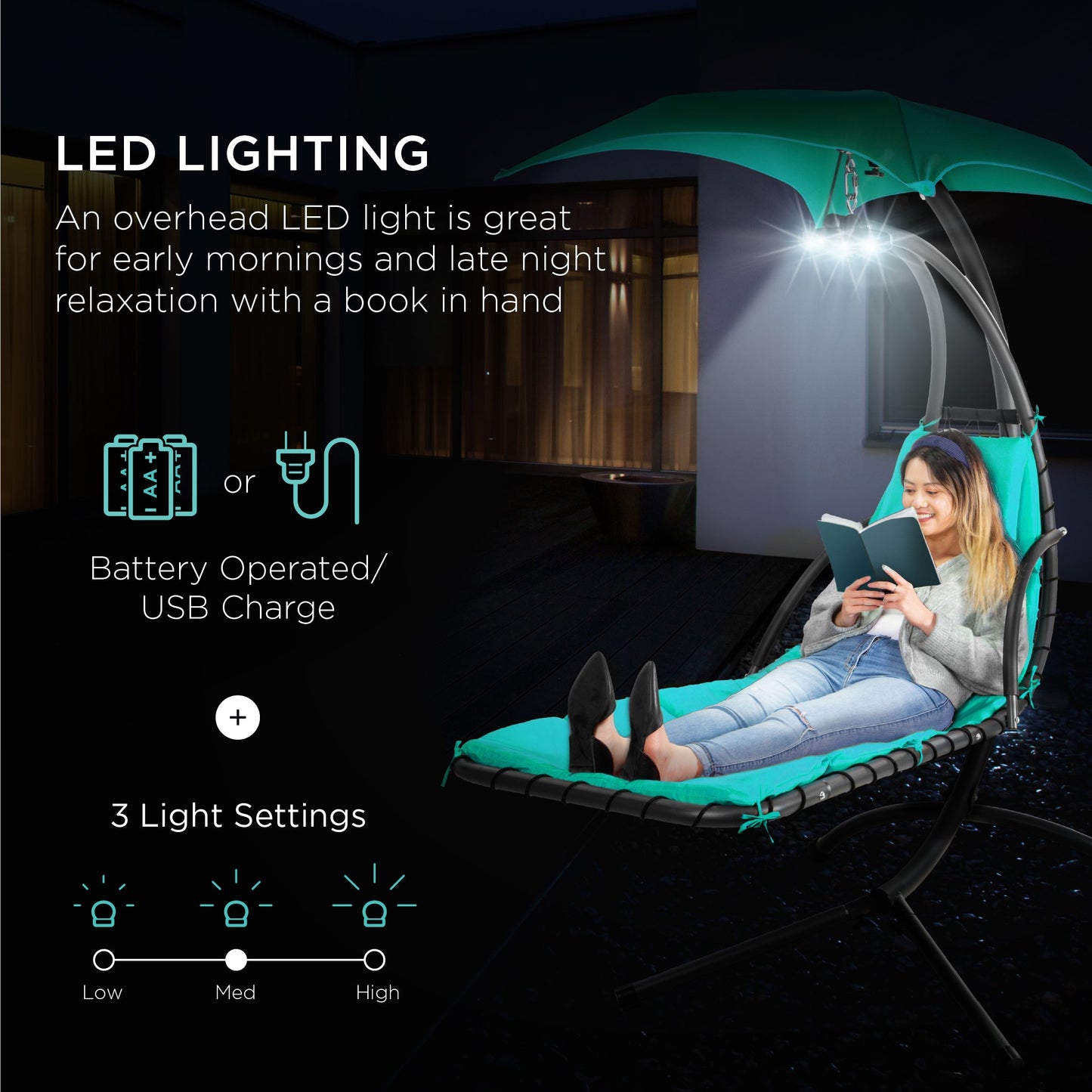 LoungeLoop™ Hanging LED-Lit Curved Chaise Lounge Chair with Pillow, Canopy & Stand