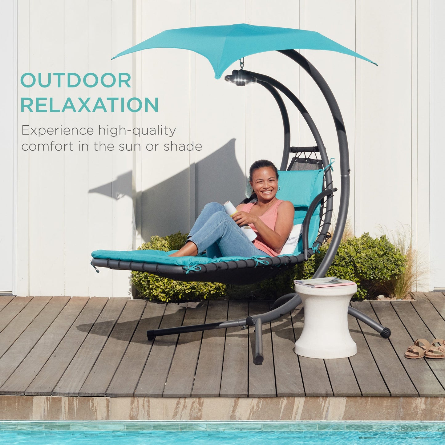 LoungeLoop™ Hanging LED-Lit Curved Chaise Lounge Chair with Pillow, Canopy & Stand
