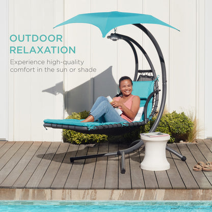 LoungeLoop™ Hanging LED-Lit Curved Chaise Lounge Chair with Pillow, Canopy & Stand