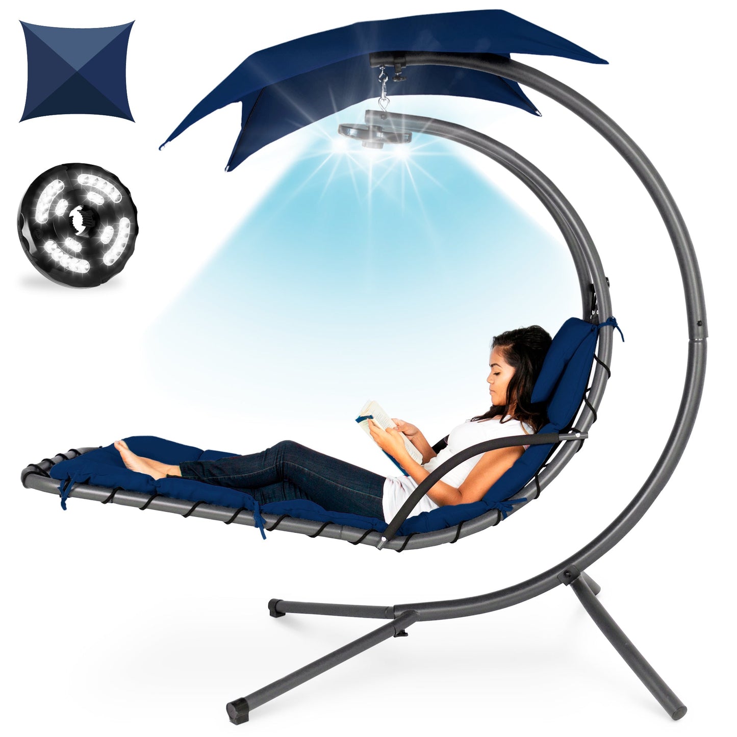 LoungeLoop™ Hanging LED-Lit Curved Chaise Lounge Chair with Pillow, Canopy & Stand