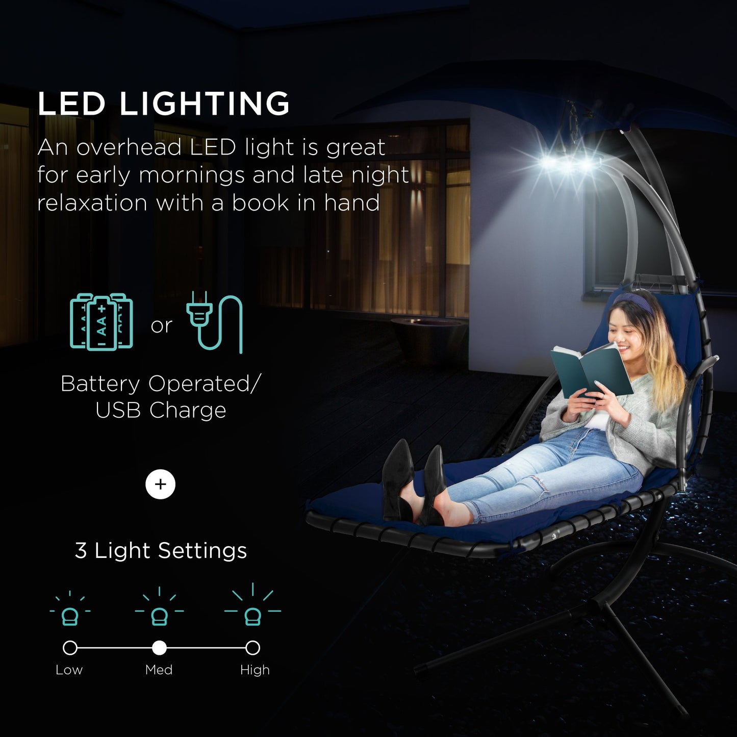 LoungeLoop™ Hanging LED-Lit Curved Chaise Lounge Chair with Pillow, Canopy & Stand
