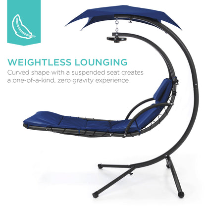 LoungeLoop™ Hanging LED-Lit Curved Chaise Lounge Chair with Pillow, Canopy & Stand