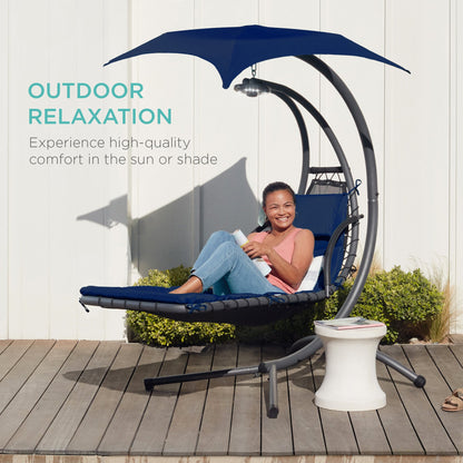 LoungeLoop™ Hanging LED-Lit Curved Chaise Lounge Chair with Pillow, Canopy & Stand