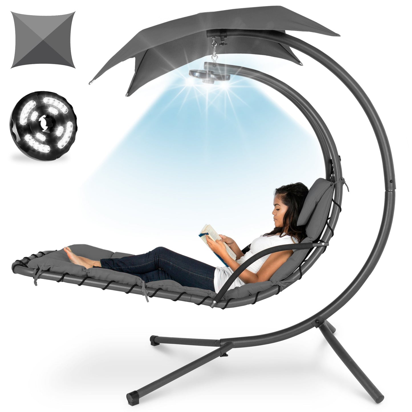 LoungeLoop™ Hanging LED-Lit Curved Chaise Lounge Chair with Pillow, Canopy & Stand