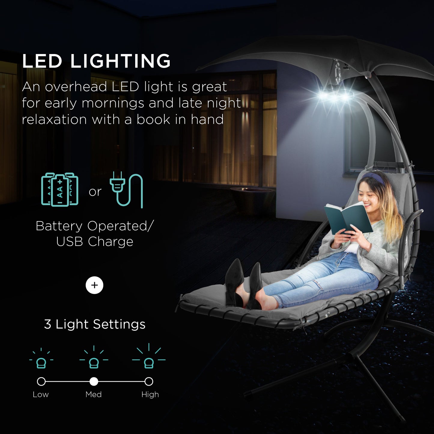 LoungeLoop™ Hanging LED-Lit Curved Chaise Lounge Chair with Pillow, Canopy & Stand