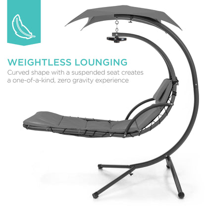 LoungeLoop™ Hanging LED-Lit Curved Chaise Lounge Chair with Pillow, Canopy & Stand