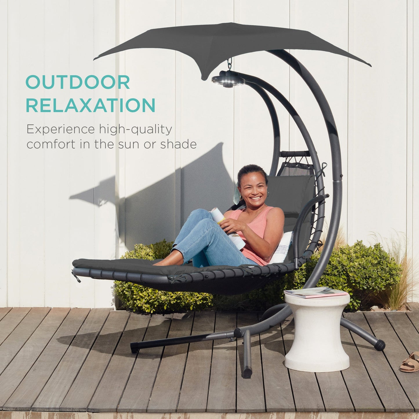 LoungeLoop™ Hanging LED-Lit Curved Chaise Lounge Chair with Pillow, Canopy & Stand